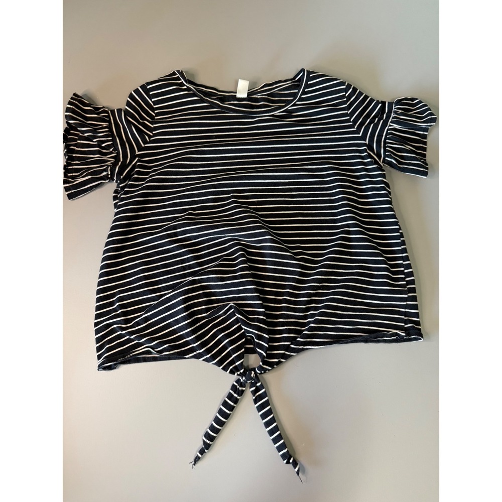 Womens Black White Striped Ruffle Sleeve Tie Front Knit Top Large FBA5498206